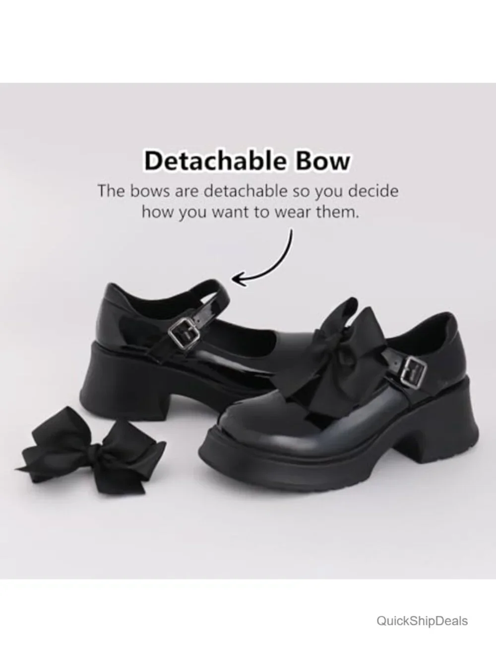 Mary Jane Platform Chunky Heels Detachable Bow Ankle Strap PU